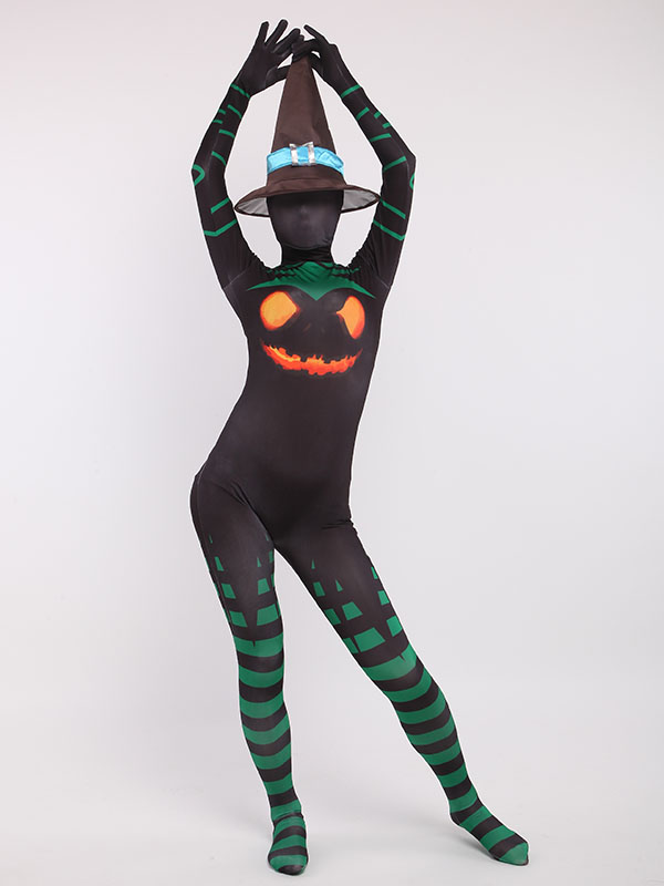 3D Printed Black Witch Zentai Bodysuit Halloween Pumpkin Lycra